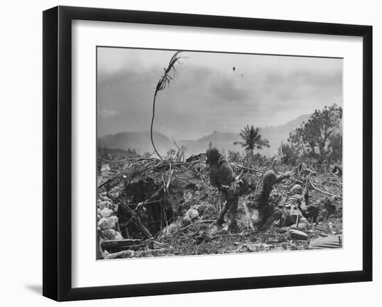 American Marine Hurls Hand Grenade Towards Japanese Position as His Partner Prepares to Do the Same-null-Framed Photographic Print