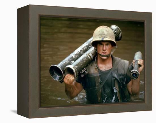 American Marine Pfc. Phillip Wilson Carrying Bazooka Across Stream Near DMZ During Vietnam War-Larry Burrows-Framed Premier Image Canvas