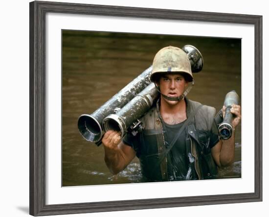 American Marine Pfc. Phillip Wilson Carrying Bazooka Across Stream Near DMZ During Vietnam War-Larry Burrows-Framed Photographic Print