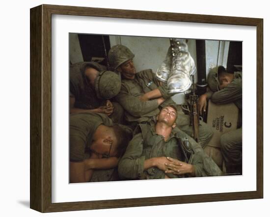 American Marines of 7th Regiment Sleep in Amtrak Following Intense Fighting in Cape Batangan-Paul Schutzer-Framed Photographic Print