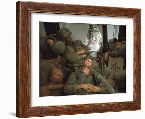 American Marines of 7th Regiment Sleep in Amtrak Following Intense Fighting in Cape Batangan-Paul Schutzer-Framed Photographic Print