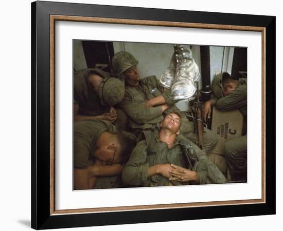 American Marines of 7th Regiment Sleep in Amtrak Following Intense Fighting in Cape Batangan-Paul Schutzer-Framed Photographic Print