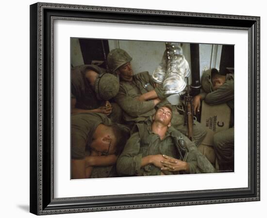 American Marines of 7th Regiment Sleep in Amtrak Following Intense Fighting in Cape Batangan-Paul Schutzer-Framed Photographic Print