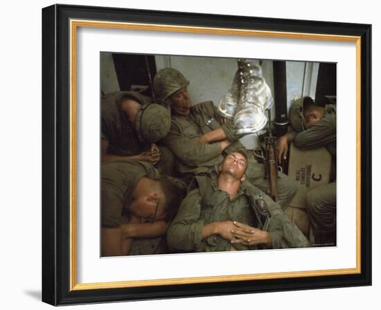 American Marines of 7th Regiment Sleep in Amtrak Following Intense Fighting in Cape Batangan-Paul Schutzer-Framed Photographic Print