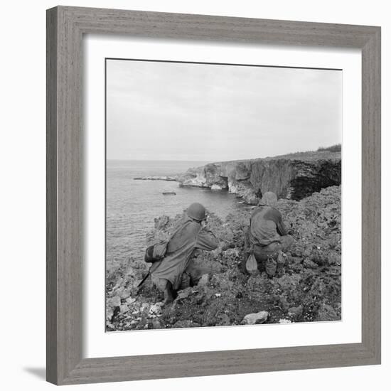 American Marines Searching Craggy Cliffs for Japanese Snipers and Island Civilians-Peter Stackpole-Framed Photographic Print