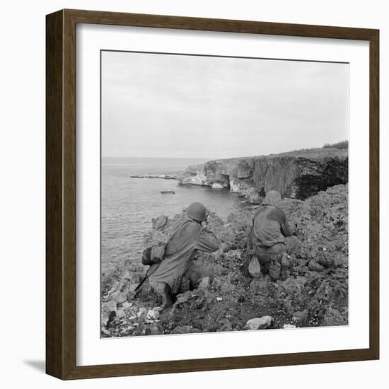 American Marines Searching Craggy Cliffs for Japanese Snipers and Island Civilians-Peter Stackpole-Framed Photographic Print