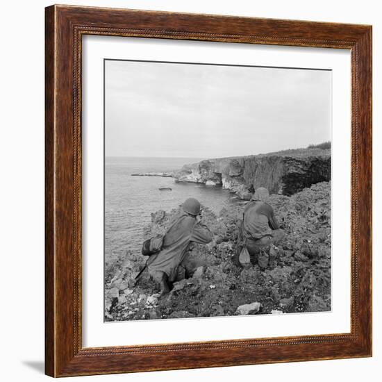 American Marines Searching Craggy Cliffs for Japanese Snipers and Island Civilians-Peter Stackpole-Framed Photographic Print