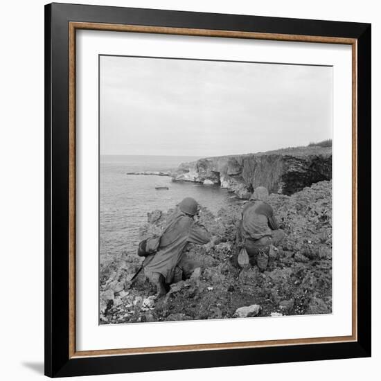 American Marines Searching Craggy Cliffs for Japanese Snipers and Island Civilians-Peter Stackpole-Framed Photographic Print