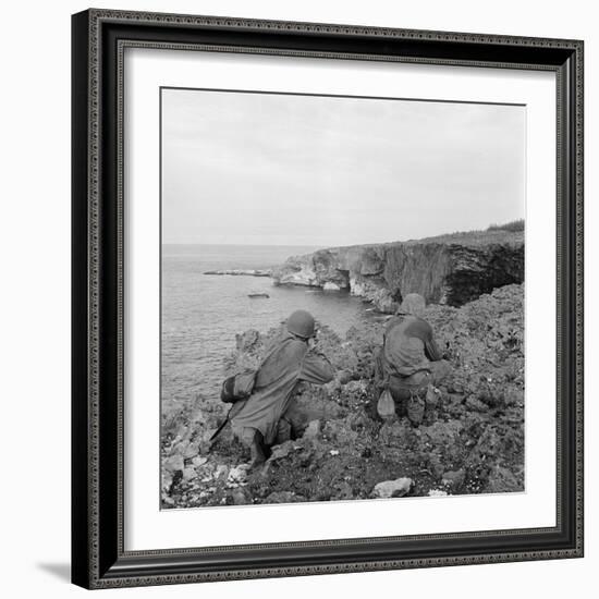 American Marines Searching Craggy Cliffs for Japanese Snipers and Island Civilians-Peter Stackpole-Framed Photographic Print