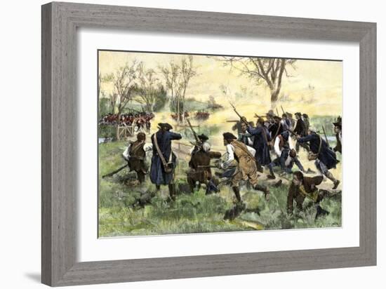 American Minutemen Fight to Hold Off the British Army at Concord Bridge, April 10, 1775-null-Framed Giclee Print