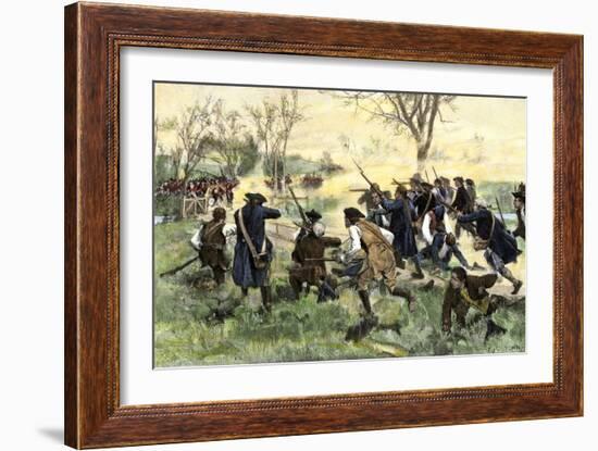 American Minutemen Fight to Hold Off the British Army at Concord Bridge, April 10, 1775-null-Framed Giclee Print