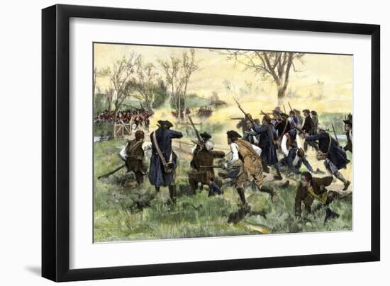 American Minutemen Fight to Hold Off the British Army at Concord Bridge, April 10, 1775-null-Framed Giclee Print