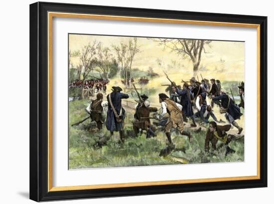 American Minutemen Fight to Hold Off the British Army at Concord Bridge, April 10, 1775-null-Framed Giclee Print