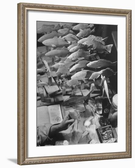 American Museum of Natural History Artist Brunner Working on Plaster Molds Made from Real Fish-Margaret Bourke-White-Framed Photographic Print