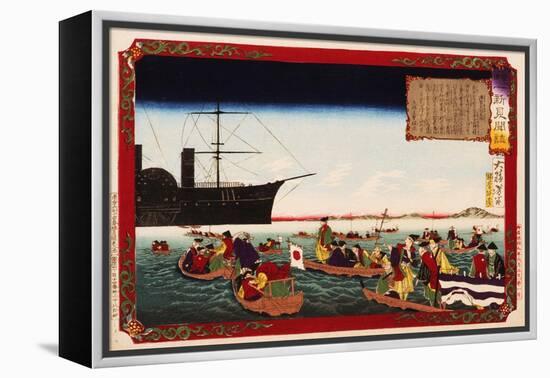 American Navy Commodore Matthew Perry arrives in Japan, August 7, 1853, Woodblock Print-Taiso Yoshitoshi-Framed Premier Image Canvas