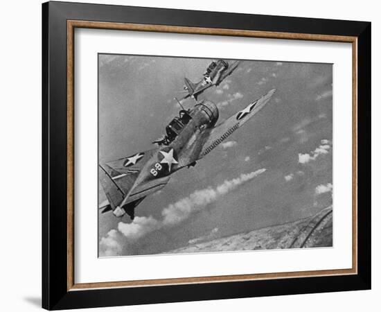 American Navy Torpedo Bombers Fly over Burning Japanese Ship During the Battle of Midway-null-Framed Premium Photographic Print