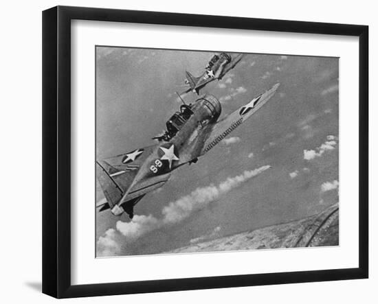 American Navy Torpedo Bombers Fly over Burning Japanese Ship During the Battle of Midway-null-Framed Premium Photographic Print