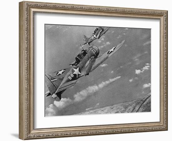 American Navy Torpedo Bombers Fly over Burning Japanese Ship During the Battle of Midway-null-Framed Photographic Print