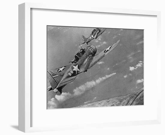 American Navy Torpedo Bombers Fly over Burning Japanese Ship During the Battle of Midway-null-Framed Photographic Print