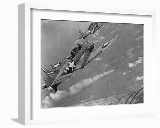 American Navy Torpedo Bombers Fly over Burning Japanese Ship During the Battle of Midway-null-Framed Photographic Print