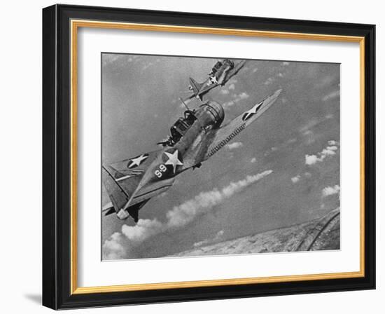 American Navy Torpedo Bombers Fly over Burning Japanese Ship During the Battle of Midway-null-Framed Photographic Print