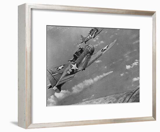 American Navy Torpedo Bombers Fly over Burning Japanese Ship During the Battle of Midway-null-Framed Photographic Print