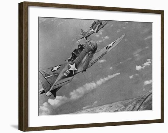 American Navy Torpedo Bombers Fly over Burning Japanese Ship During the Battle of Midway-null-Framed Photographic Print