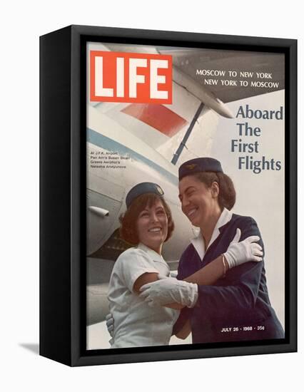 American Pan Am Stewardess Sicari Embracing Russian Aeroflot Stewardess Arutyunova, July 25, 1968-Arthur Schatz-Framed Premier Image Canvas