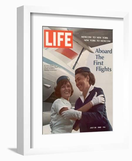 American Pan Am Stewardess Sicari Embracing Russian Aeroflot Stewardess Arutyunova, July 25, 1968-Arthur Schatz-Framed Photographic Print