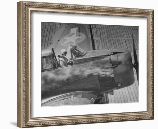 American Pilot Safely Landing His Dauntless Dive Bomber as Smoke Pours from the Engine-William C^ Shrout-Framed Photographic Print