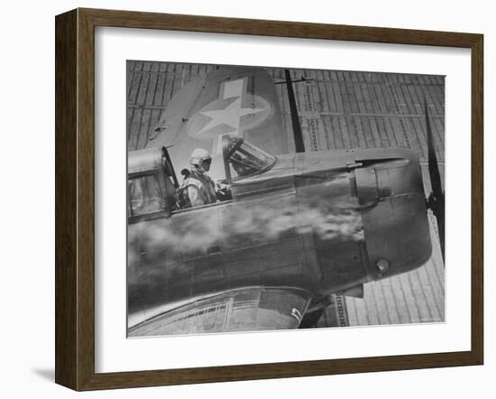 American Pilot Safely Landing His Dauntless Dive Bomber as Smoke Pours from the Engine-William C^ Shrout-Framed Photographic Print