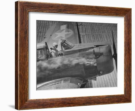 American Pilot Safely Landing His Dauntless Dive Bomber as Smoke Pours from the Engine-William C^ Shrout-Framed Photographic Print