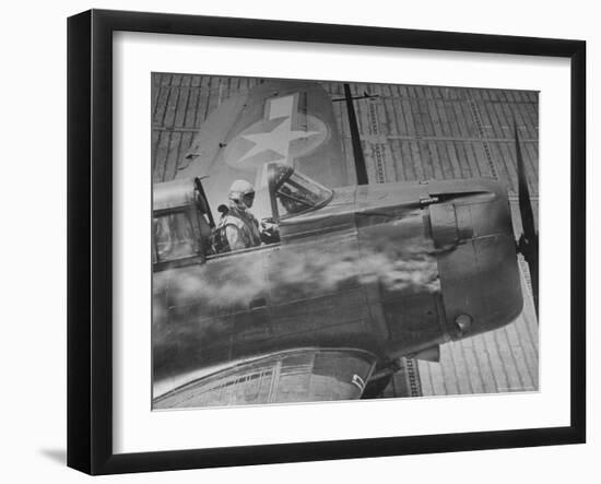 American Pilot Safely Landing His Dauntless Dive Bomber as Smoke Pours from the Engine-William C^ Shrout-Framed Photographic Print