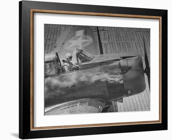 American Pilot Safely Landing His Dauntless Dive Bomber as Smoke Pours from the Engine-William C^ Shrout-Framed Photographic Print