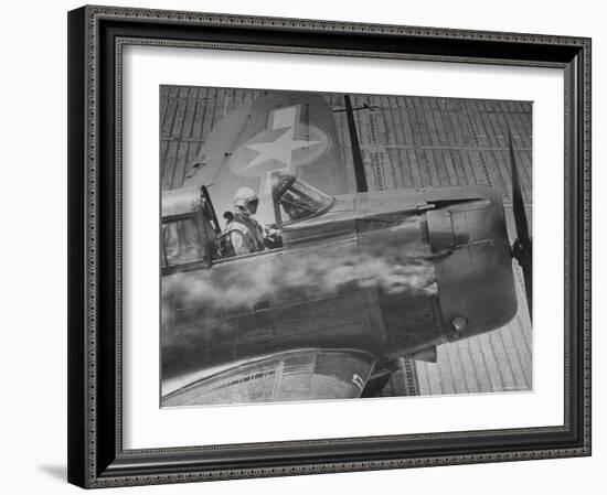 American Pilot Safely Landing His Dauntless Dive Bomber as Smoke Pours from the Engine-William C^ Shrout-Framed Photographic Print