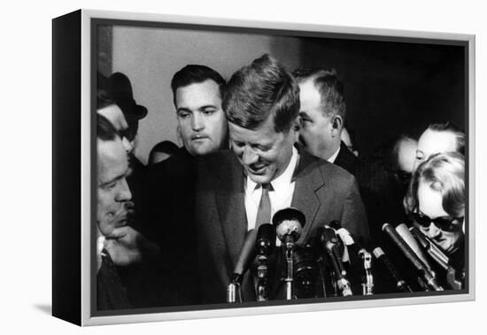 American President John F. Kennedy During a Press Conference, November 29, 1960-null-Framed Stretched Canvas