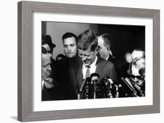 American President John F. Kennedy During a Press Conference, November 29, 1960-null-Framed Photo
