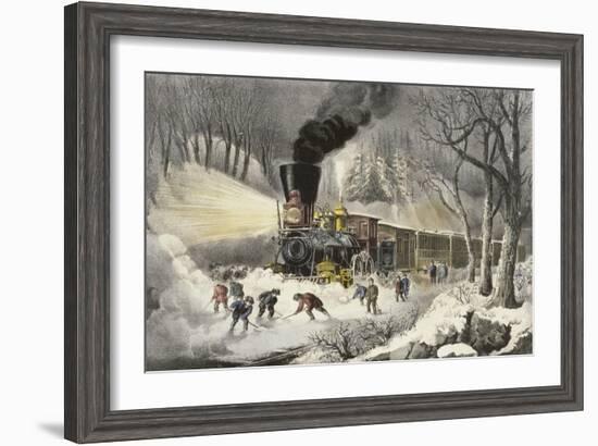 American Railroad Scene in Snow-Currier & Ives-Framed Giclee Print