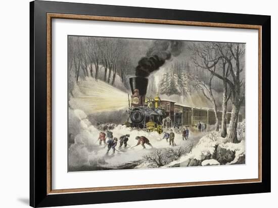 American Railroad Scene in Snow-Currier & Ives-Framed Giclee Print