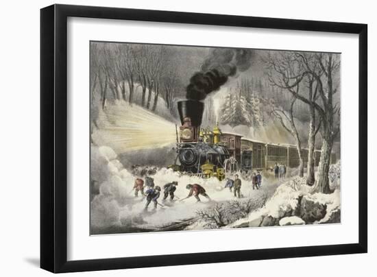 American Railroad Scene in Snow-Currier & Ives-Framed Giclee Print