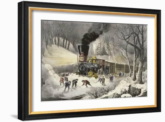 American Railroad Scene in Snow-Currier & Ives-Framed Giclee Print