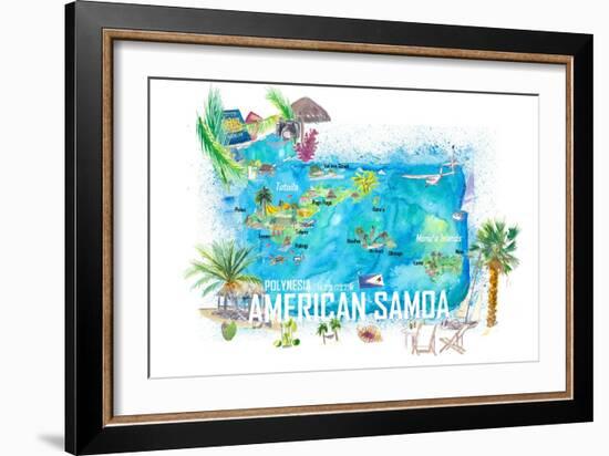 American Samoa Illustrated Island Travel Map with Roads and Highlights-M. Bleichner-Framed Art Print