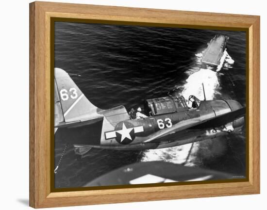 American SB2C Scout Plane Circling Above an Aircraft Carrier Prior to Landing-null-Framed Premier Image Canvas