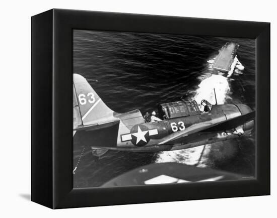 American SB2C Scout Plane Circling Above an Aircraft Carrier Prior to Landing-null-Framed Premier Image Canvas