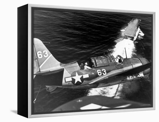 American SB2C Scout Plane Circling Above an Aircraft Carrier Prior to Landing-null-Framed Premier Image Canvas