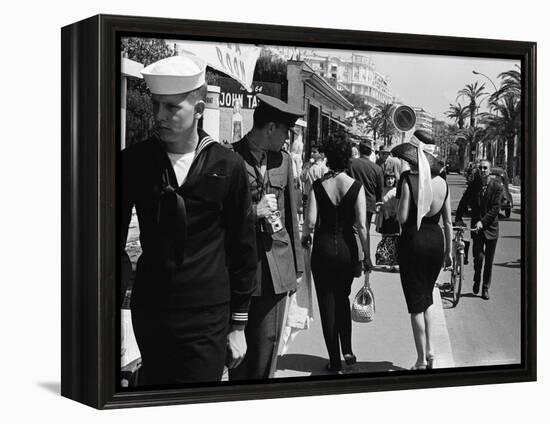 American Serviceman Admiring Two Female Pedestrians at the Cannes Film Festival-Paul Schutzer-Framed Premier Image Canvas