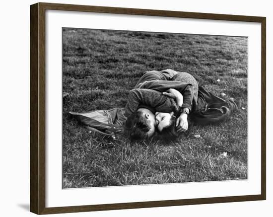 American Soldier and English Girlfriend Blissfully Embracing on Lawn in Hyde Park-Ralph Morse-Framed Photographic Print