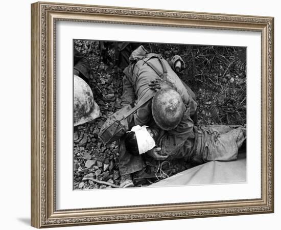 American Soldier Comforting Wounded Comrade During Fight to Take Saiapn from Japanese Troops-W^ Eugene Smith-Framed Photographic Print