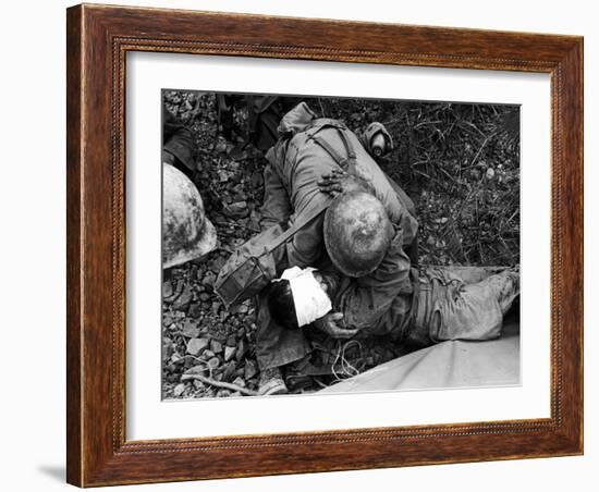 American Soldier Comforting Wounded Comrade During Fight to Take Saiapn from Japanese Troops-W^ Eugene Smith-Framed Photographic Print