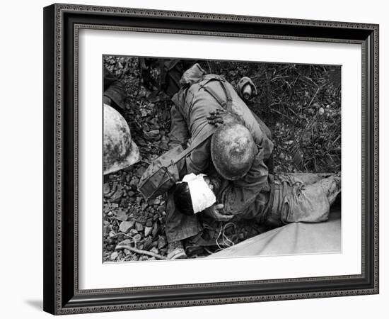 American Soldier Comforting Wounded Comrade During Fight to Take Saiapn from Japanese Troops-W^ Eugene Smith-Framed Photographic Print